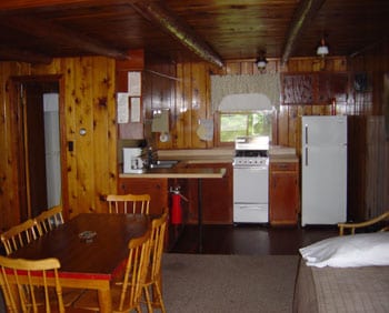 Slab cabin kitchen and dining table.