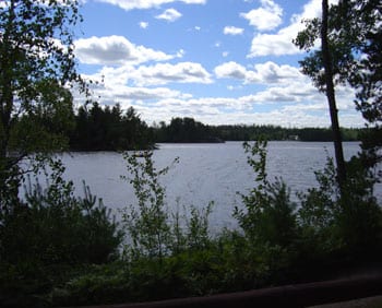 Spring cabin view of lake.